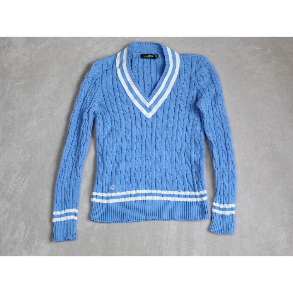 Ralph Lauren Sweater Womens Medium Blue Cable Knit V Neck Cricket Tennis Prep